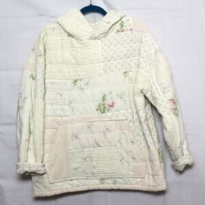 Handmade Upcycled Quilt Jacket Hooded Floral Cream Size M
